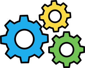 Three colorful interlocked gears symbolizing teamwork, process, and mechanical function.