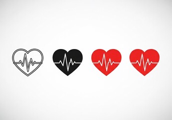 Four stylized hearts with heartbeat lines in varying colors and styles on a gradient background, depicted from a straightforward viewpoint, showcasing different design elements.