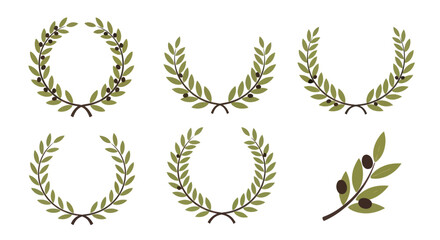 Fototapeta premium Olive Wreath Collection: Laurel Garlands, Branches and Olives Isolated on White