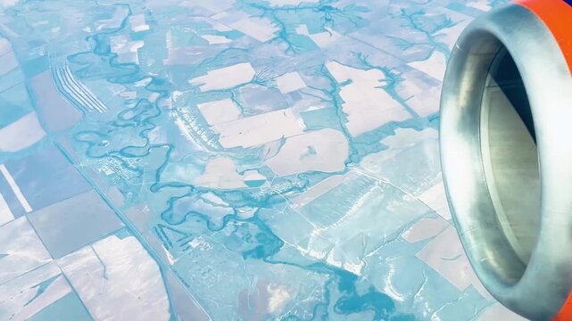 Airplane window view with jet engine above clouds and agricultural fields. Scenic aerial countryside landscape during flight with blue sky, aviation and travel theme