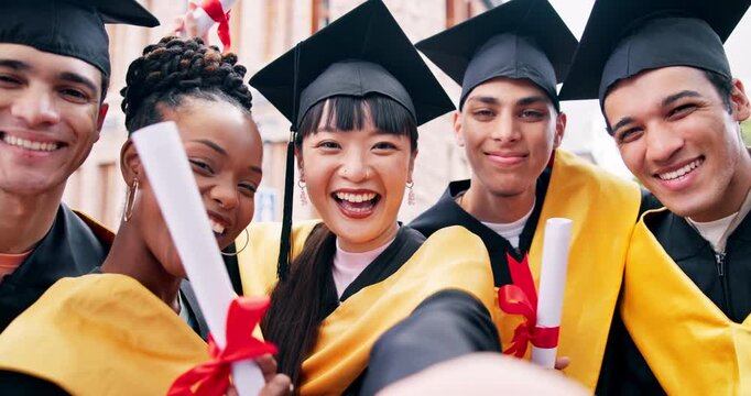 Face, student or selfie at university with graduation, diploma achievement or education memories. Happy, people or friends at college outdoor with scroll, degree success or photo POV for social media