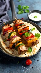 Grilled Chicken Skewers with Vegetables on Flatbread in Cast Iron Pan.