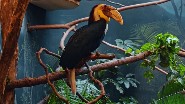 Profile of a wreathed hornbill on a branch. Close up of a male hornbill with prominent casque and yellow gular pouch looking to the right.