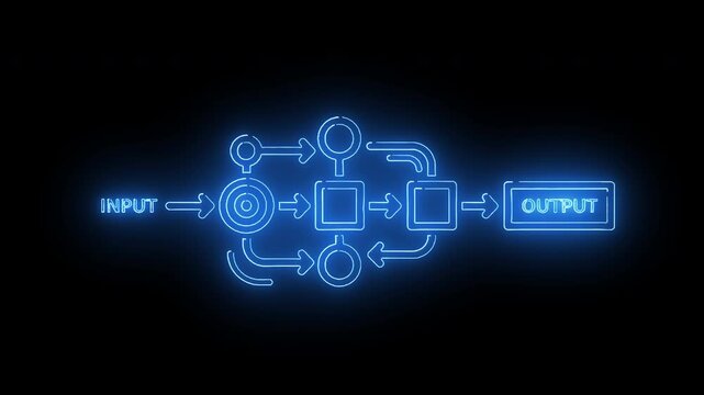 Neon-lit flowchart diagram with glowing blue lines and symbols on a black background, showcasing input and output process.