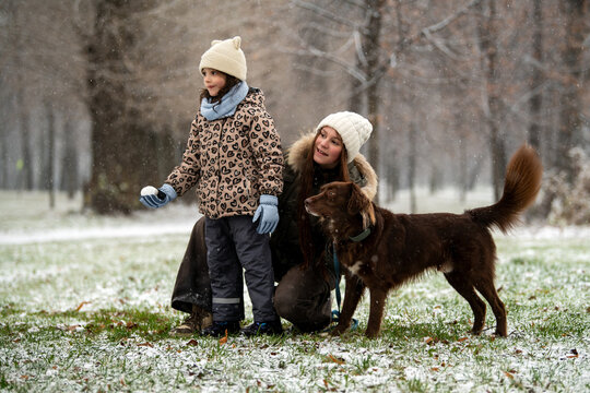 Children playing with a dog in a snowy park in winter.