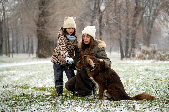 Children playing with a dog in a snowy park in winter.