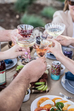 Friends raising glasses toasting at outdoor celebration dinner