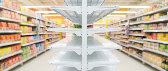 Fototapeta premium Stocked grocery shelves in a supermarket during busy shopping hours modern retail environment interior perspective consumerism concept