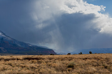 Obraz premium Storm clouds forming over snowy mountain pasture landscape