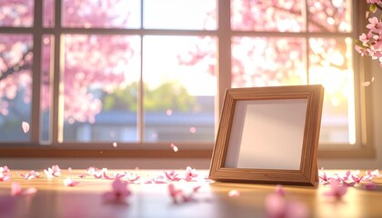 春の陽光が差し込む教室の窓際と舞い散る桜の花びらのフォトフレーム