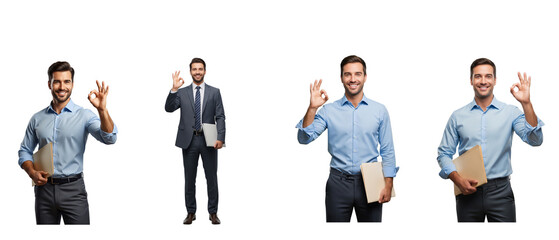 Obraz premium Set of four images of a smiling young businessman in different poses showing positive gestures.