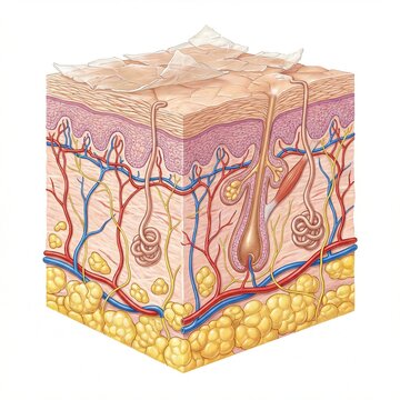 Cross section of human skin layers showing epidermis dermis hypodermis hair follicles sweat glands realistic illustration