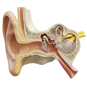 Detailed anatomical model of human ear showing outer middle inner ear ossicles cochlea nerves realistic medical illustration