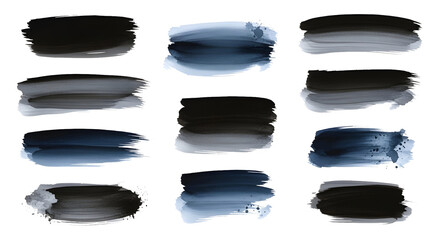 Collection of Blue and Black Watercolor Paint Brush Strokes on Gray Background