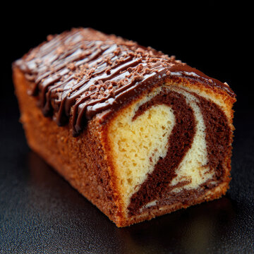 Marble cake slice with chocolate glaze and shavings