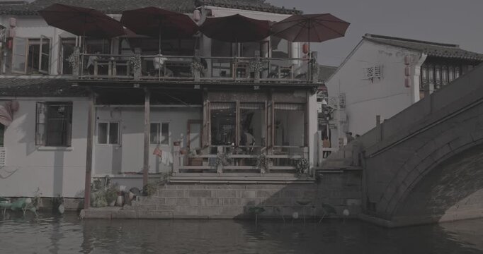 Charming waterfront with beautifully arranged outdoor seating. Zhujiajiao, Shanghai, China