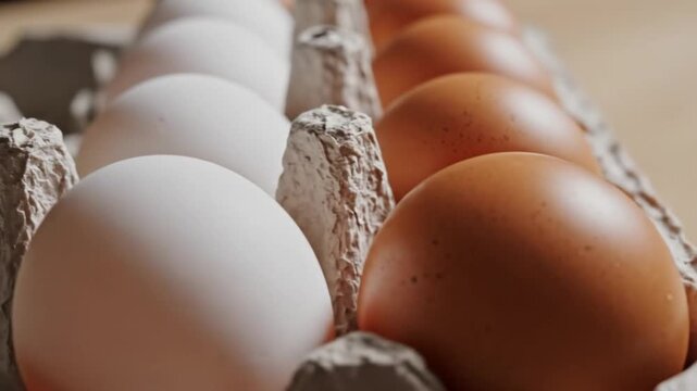 Close-up shot of an egg carton holding brown and white eggs, with a textured cardboard material