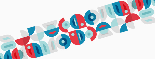 Fototapeta premium Abstract geometric shapes, colorful circles, rectangles, lines. Minimalist design, repeating pattern, modern aesthetic. Bright hues, flat illustration.