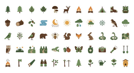 Nature Icons Set: Forest Animals, Plants, Weather, Camping and Outdoor Activities © lidot