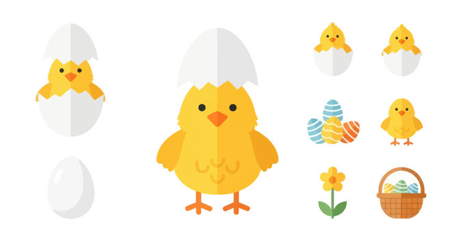 Cute Easter Chicks and Eggs Collection - Flat Design
