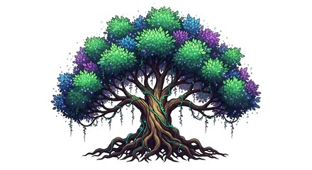 Vibrant tree illustration with colorful foliage and sprawling roots displayed on a clean background from a front viewpoint