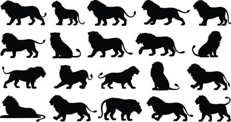 Fototapeta premium Collection of black lion silhouettes featuring male, female, and cub figures in various poses including walking, standing, and sitting, isolated on a white background.