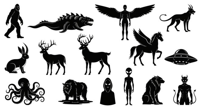 Collection of mythical creatures and fantasy beings silhouettes.