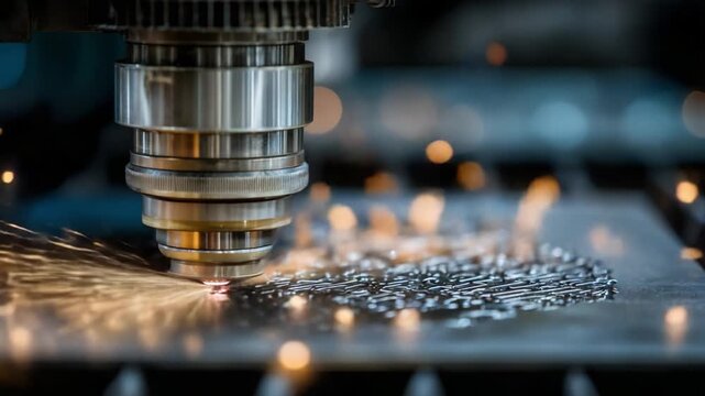 Precision Laser Cutting Process Showcasing Sparks and Detail in Metal Working, Highlighting Industrial Technology and Innovation in Manufacturing Techniques