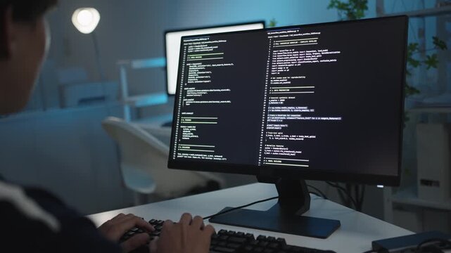 Young professionals doing high tech coding. IT specialist working on personal computer with monitors showing coding language program with system monitoring interface. Software developer programming.