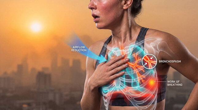Asthmatic runner with lung anatomy overlay showing bronchospasm and airflow reduction in polluted city.