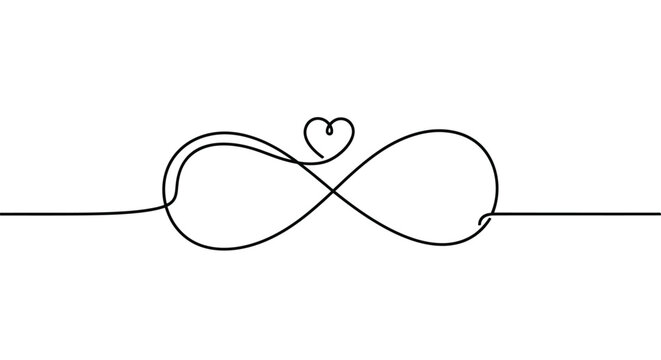 Infinity symbol with heart, continuous black line drawing