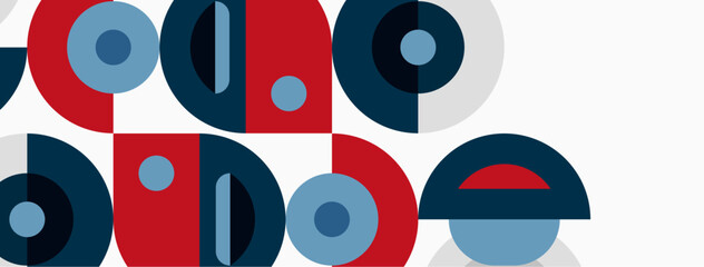 Obraz premium Abstract geometric design featuring overlapping circles, rectangles, text elements. Blue, red, gray colors dominate composition. Minimalist style.