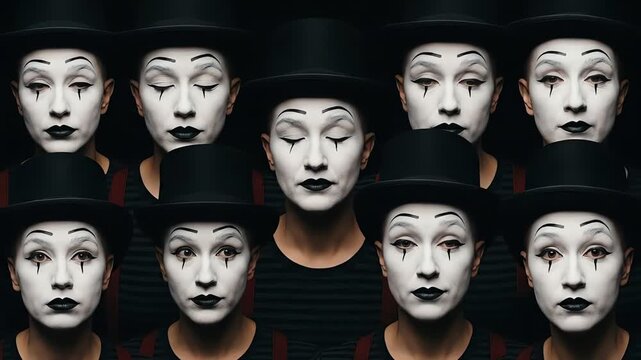Mime Face Expression Collage, Multiple Performer Portraits with White Makeup and Black Hat, Dramatic Emotional Variations, Theatrical Studio Composition Concept 4K