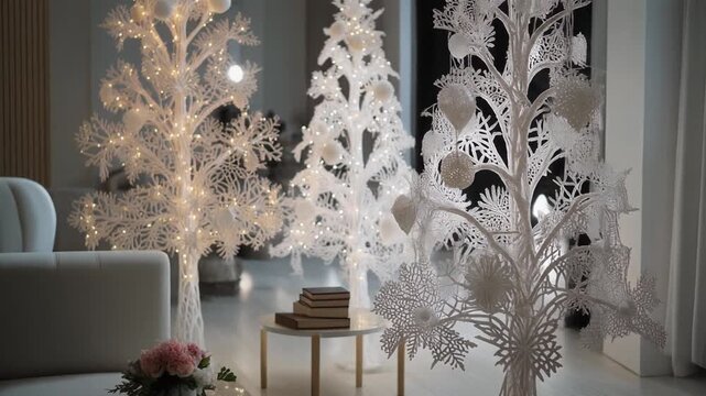 White Christmas trees in living room.