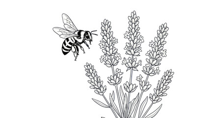 Bee flying towards lavender flowers, line art illustration © anis