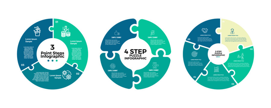 Vector circular infographic puzzle set with 3, 4, and 5 option steps for business presentations, web, banners, and annual information. Vector editable illustration