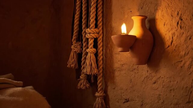 A simple interior scene from biblical times. A stack of woven blankets rests on the floor beside a small wooden stool. Soft light filters through a window.