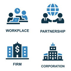 Business Icon Set: A modern and visually appealing collection of business icons representing key concepts such as workplace collaboration, global partnership, corporate firm and building.