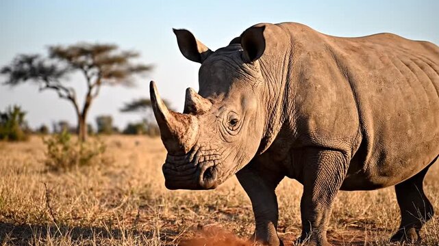 A close-up view of a rhinoceros in its natural habitat, set in the savanna with a tree