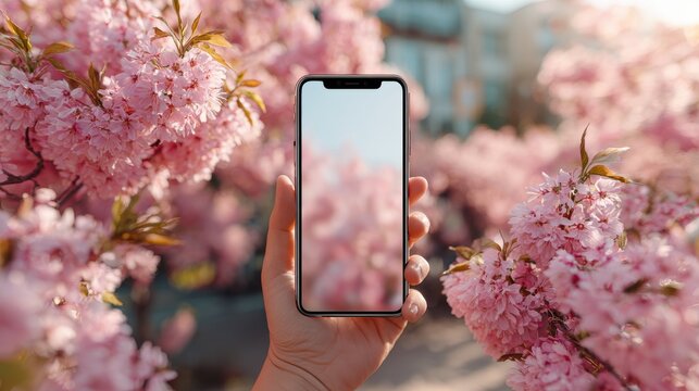 Woman hands using Smart phone,sitting in cherry blossom field,Mobile Smart phone with empty screen,Sakura garden in japan background,Picnic Spring concept.