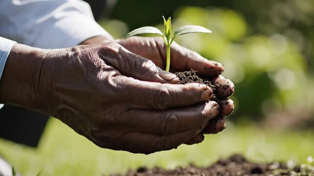 A close-up shows hands cupping soil, gently holding a seedling with fresh, green leaves