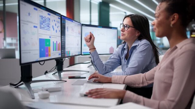 Female Analysts Reviewing Financial Data On Screens