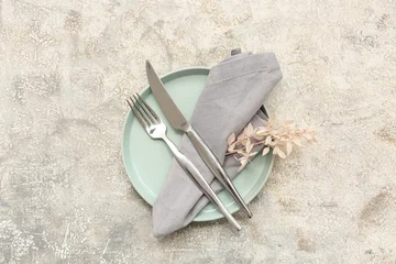 Fotobehang Eten Stylish table setting with beautiful flowers on grey background  © Pixel-Shot