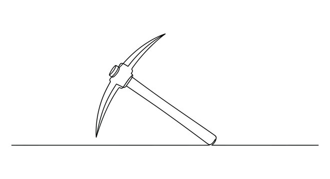 Pickaxe on ground line, minimalist line art for mining and hard work