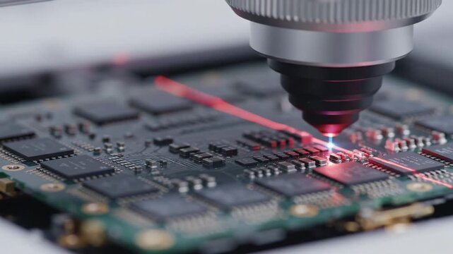 Precision laser technology applied to a circuit board, showcasing the continuous process of laser etching on electronic components in a clean, modern workspace