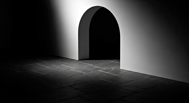 Mysterious Stone Archway Illuminated by Spotlight in Dark Room