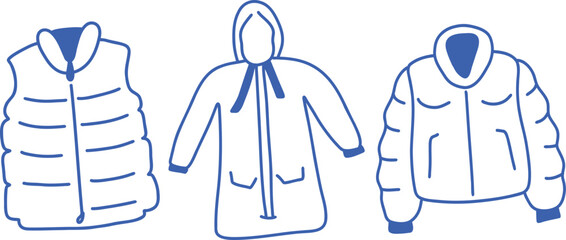 Set of hand drawn doodle outerwear clothes, blue outline vector illustration isolated on white background, puffer vest raincoat and winter jacket collection © Анастасия Терентьева