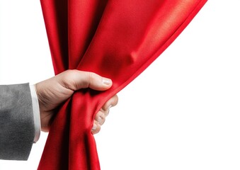 A hand in a suit pulls back a vibrant red curtain against a stark white backdrop