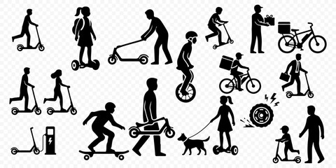 Large collection of micro-mobility silhouettes, featuring electric scooters, e-bikes, delivery couriers, hoverboards and urban eco-friendly transport isolated © Vladislav