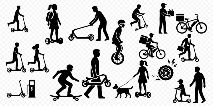 Large collection of micro-mobility silhouettes, featuring electric scooters, e-bikes, delivery couriers, hoverboards and urban eco-friendly transport isolated